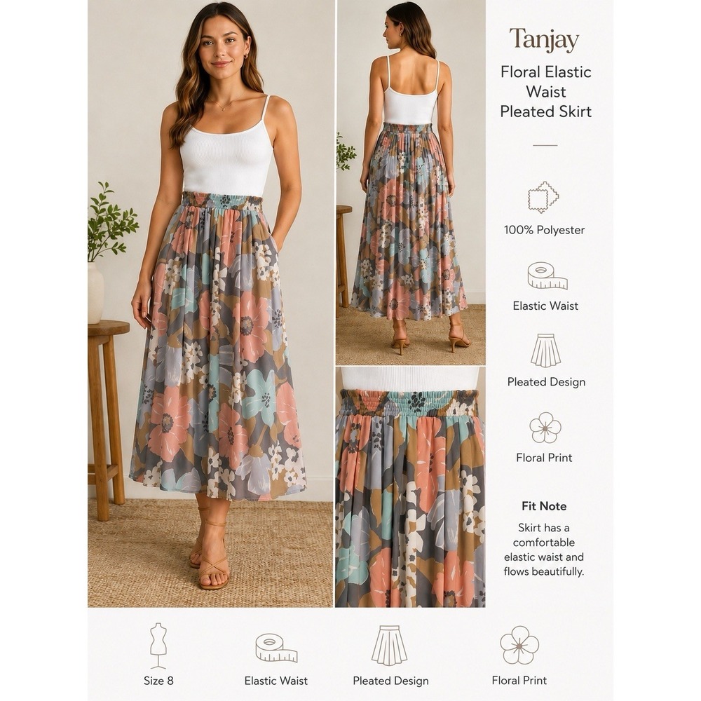 Tanjay 80s 90s Vtg Floral Elastic Waist Pleated Midi Skirt Sz 8 Cottagecore Boho